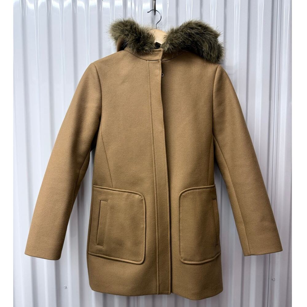 BROOKS BROTHERS camel tan brown Red Fleece wool faux fur trim parka jacket coat
